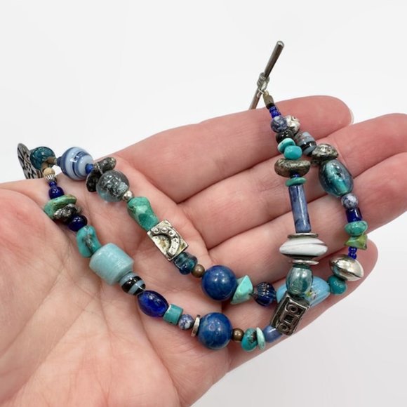 Turquoise Bracelet, Glass, Blue, Pyrites, Sun, Multi-Strand, Beaded, Artisan - Picture 2 of 6